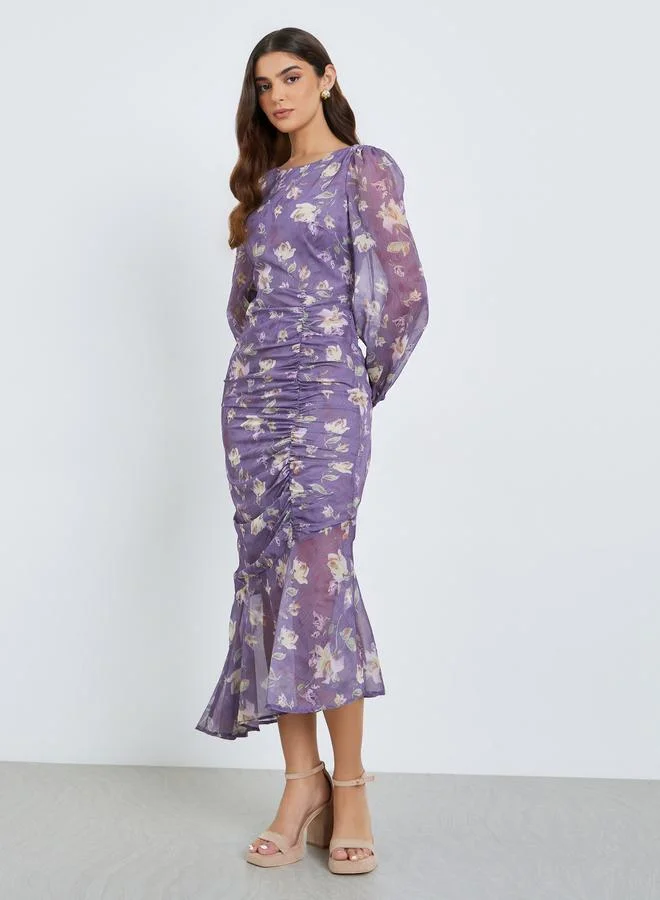 Styli Women Floral Balloon Sleeves Mermaid Midi Dress